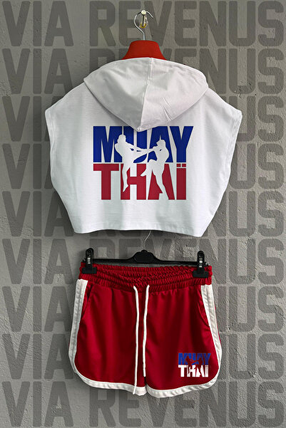 Vordevia Set sport pentru femei, cu glugă, 100% bumbac, cu imprimeu Muay Thai...
