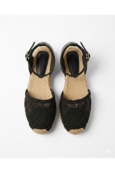 ZARICH Liora Black Straw Textured Embroidered Ankle Buckle Comfortable Flat S...