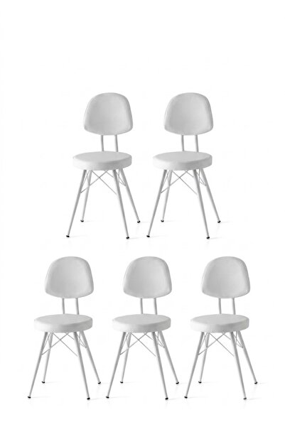 Viento Mobilya 5 Adet Ece Sandalye Beyaz Suni Deri Beyaz Metal İskelet
