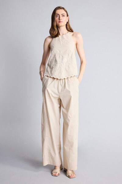 DeFacto Wide Leg Regular Waist Straight Leg Long Poplin Beige Trousers G7118A...