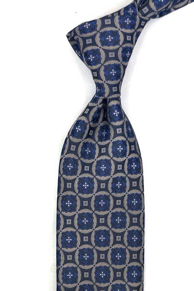 Kravatkolik Beige Blue Motif Pattern Classic Tie with Handkerchief Kk13761