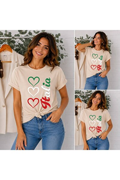 ENB1R MODA Italy Themed 3-Piece Heart Printed Unisex Beige Premium Basic T-Shirt