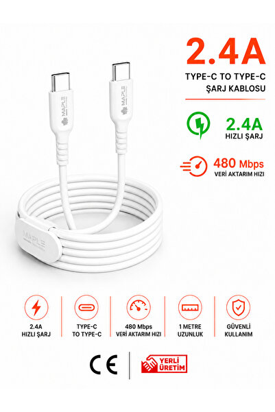 MAPLE Type-C Şarj Kablosu 2.4A Hızlı Şarj 480 Mbps Veri Aktarım 1 Metre Type-...