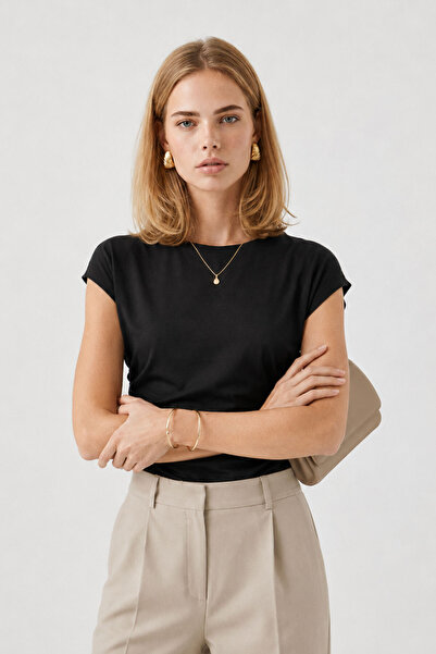 VENA Women's Crew Neck Gathered Viscose T-Shirt - Black