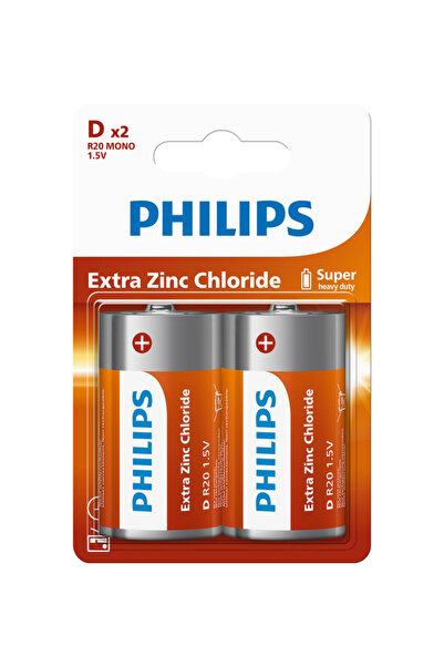 Philips D Boy Büyük Boy Extra Zinc Chloride Pil 1.5V R20L2B/10 2'li Paket