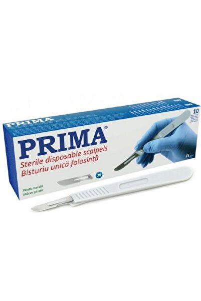 Prima Bisturiu de unica folosinta cu maner plastic, otel-carbon nr. 15 (10 bu...