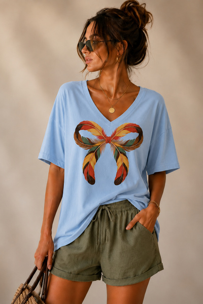 ArtYus Bowknot Printed V-Neck Casual Unisex Oversize T-Shirt Cotton Casual T-...