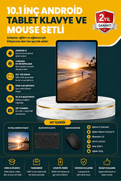 SAYARMARKT 10.1 İnç Geniş IPS Ekranlı Android Tablet Komple Set