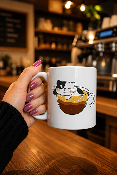 chic crazze Premium Porcelain Mug with Cute Cat Design, Detailed Cat Figure I...