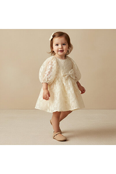 giggles Round Neck Long Sleeves Dress with Bow Accent