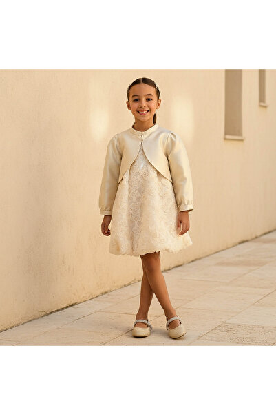 Juniors Round Neck Dress and Bolero Set with Floral Lace Texture