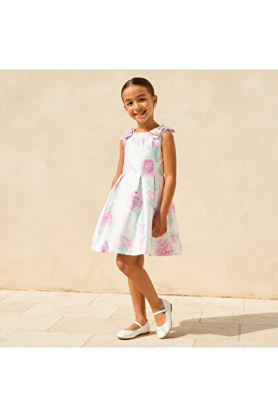 Juniors Round Neck Sleeveless Dress with Floral Print