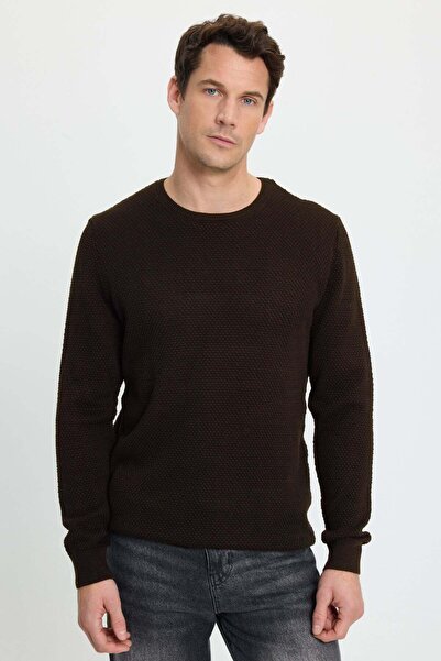 Tudors Men's Standard Fit Regular Cut Crew Neck Honeycomb Patterned Brown Kni...