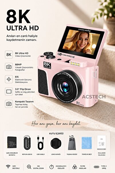 ACSTECH 8K Dijital Fotoğraf Makinesi 88MP | WiFi Bağlantı | 3.0 İnç Dönebilir...