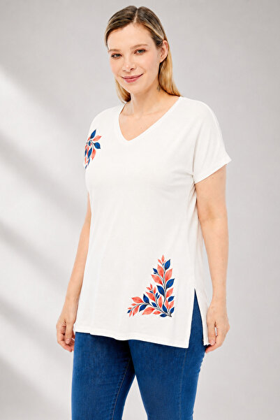 Curvy Trend Plus Size Navy Blue Pink Leaves Printed V-Neck Short Sleeve Side ...