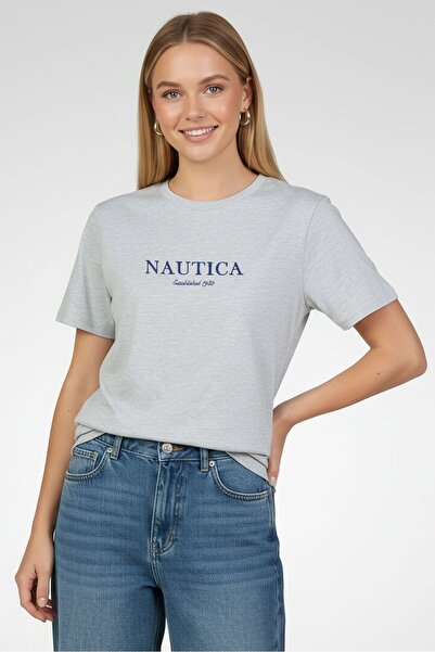 Nautica Women Crew Neck Short Sleeve Embroidered Logo T-Shirt, Grey