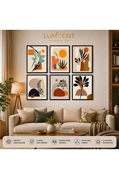 Lumcent Modern Yaprak Temalı 6'lı MDF Duvar Tablo Seti | Salon ve Ofis Dekora...