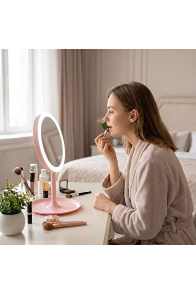 idei Oglindă de Machiaj Circulară Roz Pastel cu Inel LED Lumină Reglabilă, Su...