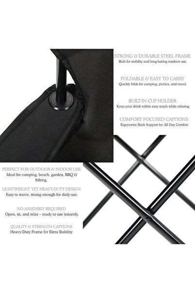 ARABIQO Premium Foldable Beach & Garden Chair – Heavy-Duty Ultra-Light Outdoor Camping Chair with Cup Holder & Carry Bag, Portable Sports, Lawn & Picnic Chair, Black