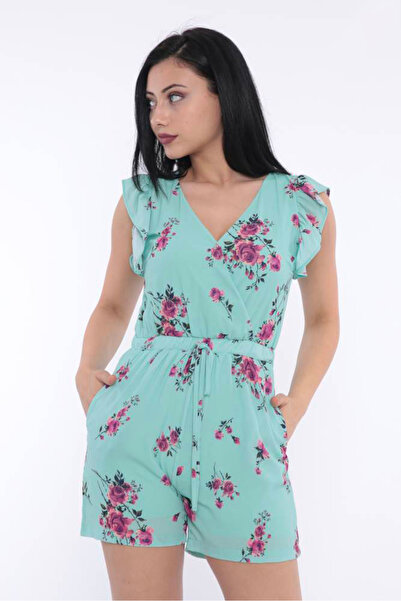 FIRST STYLE Turkish Jumpsuit Shorts Elegant Light Green Color Rose Prints Sty...