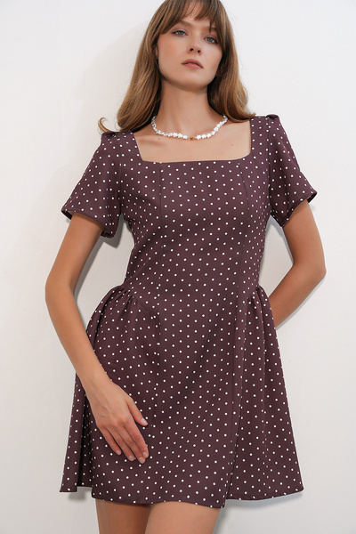Bigdart Women's Polka Dot Square Neck Short Sleeve Mini Dress 2604 - Brown