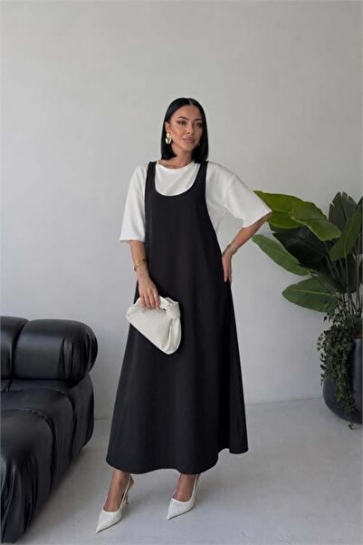 Dipmoda Set de tricou și rochie gilet de vară, neagră, cu croială lejeră, pen...