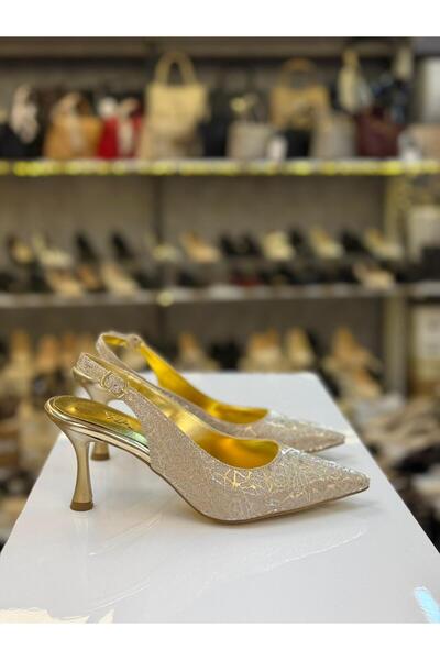 Üstü Baskılı Arkası Açık Şık Stiletto Gold
