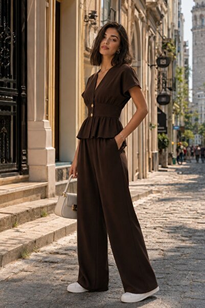 İpli Ženska bluza sa V-izrezom i dugmićima, set širokih pantalona