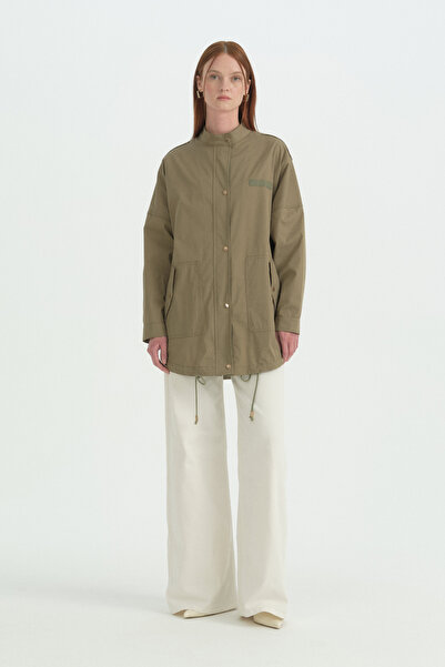 Nihan Oversize Sport Cotton Trench Coat with Epaulet Detail - Khaki