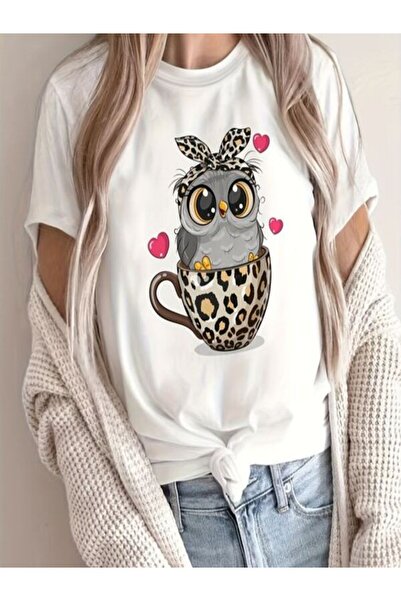 COZYWEAR Cute Owl Printed White T-Shirt