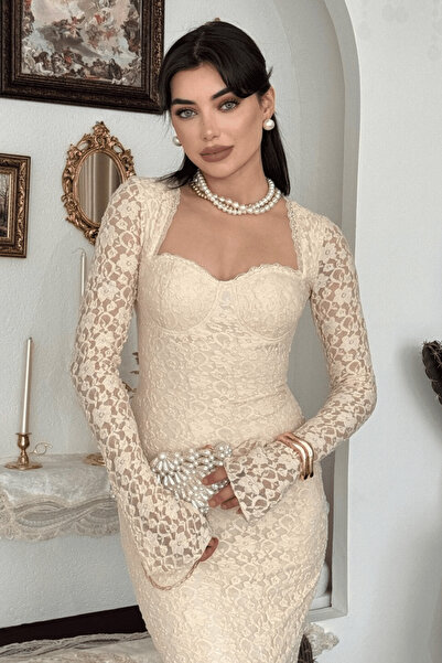 Clothes Fast Lace Detailed Long Evening Dress Square Neck Long Sleeve Bodycon...
