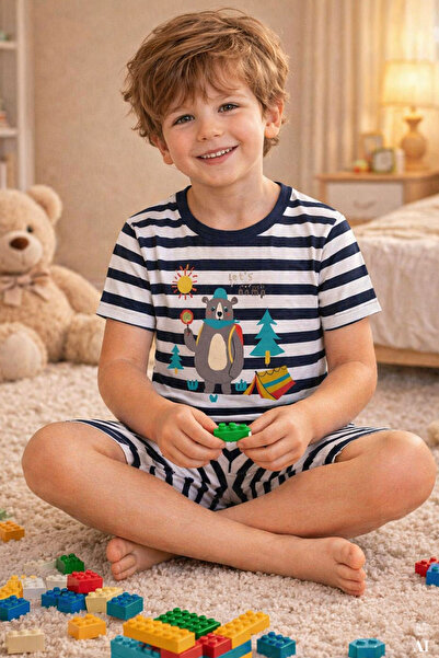 koza iç giyim Erkek Çocuk Pamuklu Çizgili Baskılı Kısa Kollu Şortlu Pijama Takımı