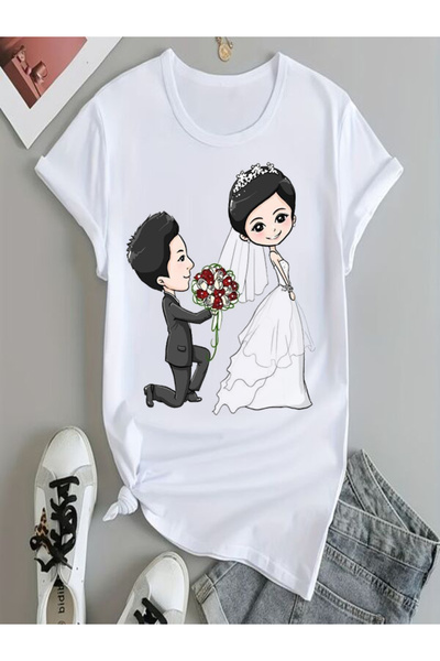 vorena Cute Cartoon Wedding Themed Printed T-Shirt