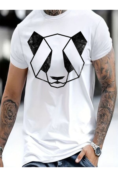 COZYWEAR Geometric Panda Printed White Oversize T-Shirt