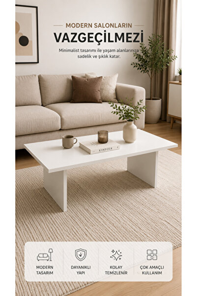 FURNICI Nordıc Modern Beyaz Orta Sehpa Minimalist Salon Sehpası 90x45x40 cm