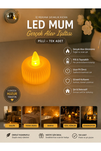 zulya LED Mum Gerçek Alev Efektli Pilli Dekoratif Mum – Titreşimli Alev Görün...