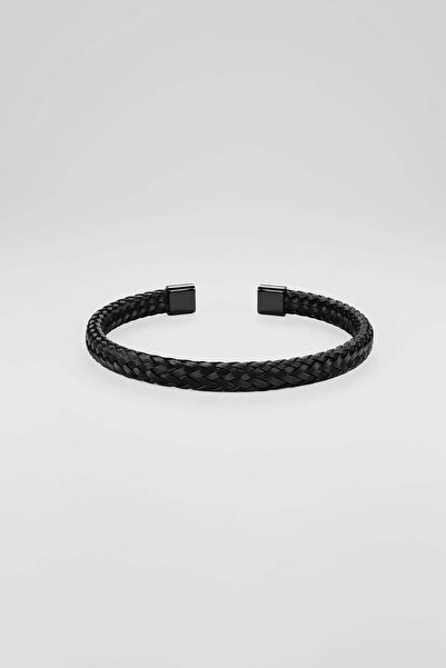 ablukaonline Men's Knitted Patterned Steel Handcuff Bracelet Black