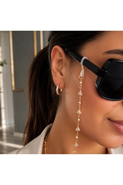 ANGELLOOP ACCESSORY Üçgen Taşlı Gold Gözlük İpi-Pirinç Altın Kaplama Gözlük Z...