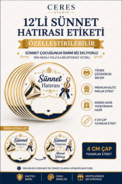 Ceres Studio Kişiye Özel Sünnet Hatırası Etiketi 12 Adet – 4 cm Yuvarlak Stic...