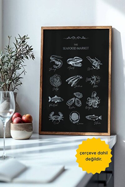fuart.co Seafood Market Siyah Mutfak Posteri, Çerçevesiz Poster, Mutfak Dekor...
