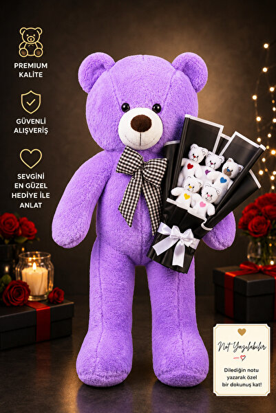 lenostra 90cm Mor Büyük Ayıcık ile Renkli Kalp Detaylı Peluş Buket Doğum Günü...