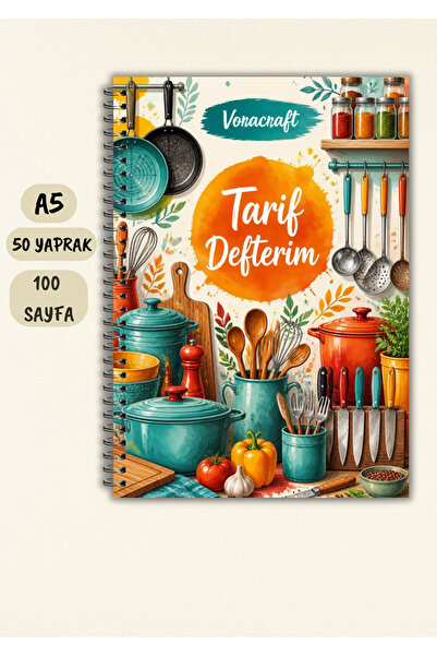 VORACRAFT Yemek Tarif Defteri, 50 Yaprak /100 Sayfa, A5 / Tel Spiral TRF0004