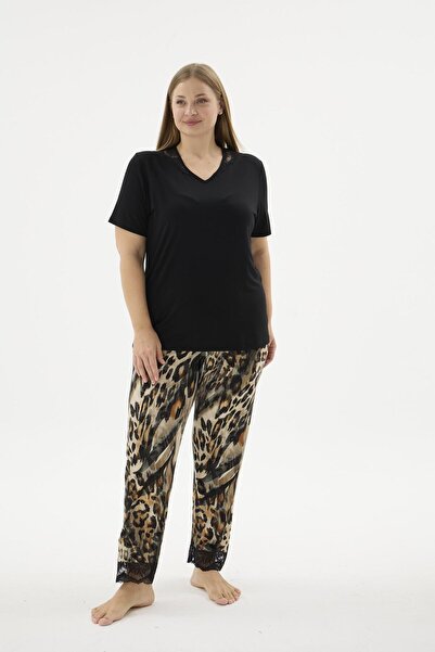 Sevim Women's Plus Size Short Sleeve Black Leopard Pajama Set C2T9N671