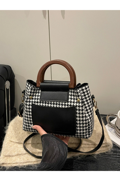 Take Two By Styli Houndstooth Handbag with Black Accents and Adjustable Strap