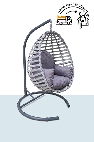 Niron Royal Gri Rattan Tekli Salıncak – Bahçe ve Balkon Salıncağı – Metal Göv...