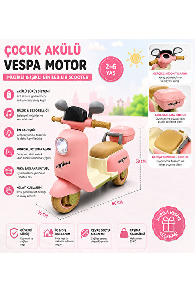 DoruCO Çocuk Akülü Vespina Motor – Müzikli ve Işıklı Binilebilir Akülü Scooter