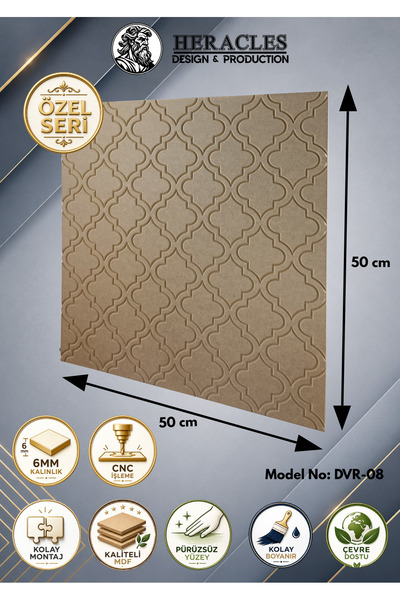 HRC Dizayn (DVR-08) 3D Görünümlü MDF Dekoratif Duvar Paneli 50x50 cm 6 mm CNC...