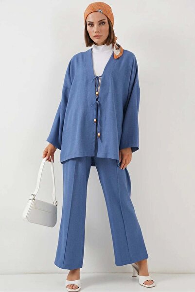 ALFA AKSESUAR 03 Women's V-Neck Linen Indigo Set