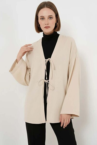 Generic Brand Women's Belted Viscose Cream Hijab Kimono