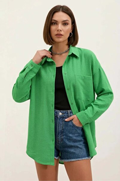 Generic Brand Women's Single Pocket Oversize Viscose Green Shirt